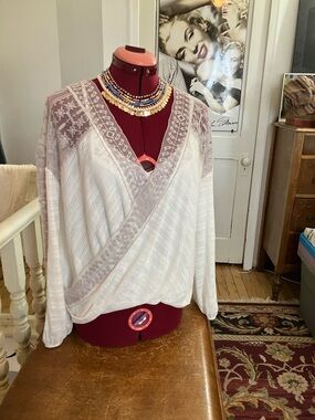 Free People White Semi-Sheer Lace Trim Blouse